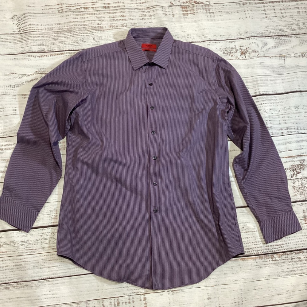 1635. Alfani Men’s Purple & Grey Pinstripe Dress Shirt EUC Size 16 34/35 